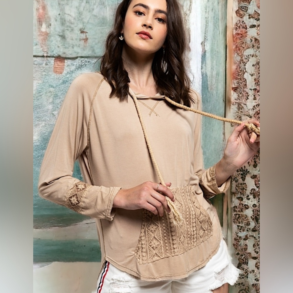 POL Beige Crochet Trim Hoodie